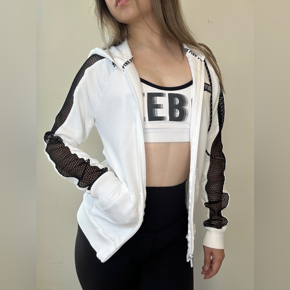 PINK Victoria's Secret Mesh Sleeve Full Zip Hoodie, White, XS